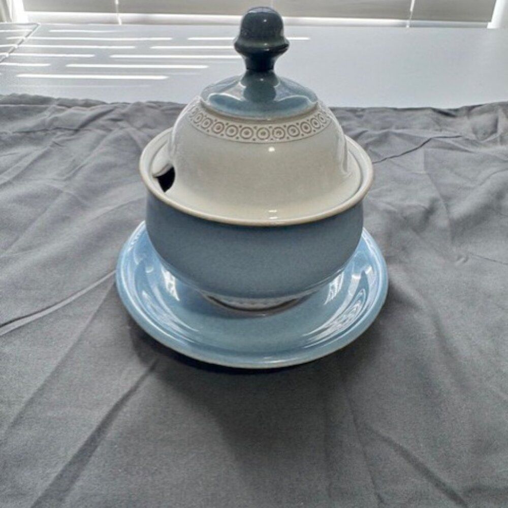 Vintage Blue and White England Denby Castile Sugar Bowl/Lid & Saucer Stoneware